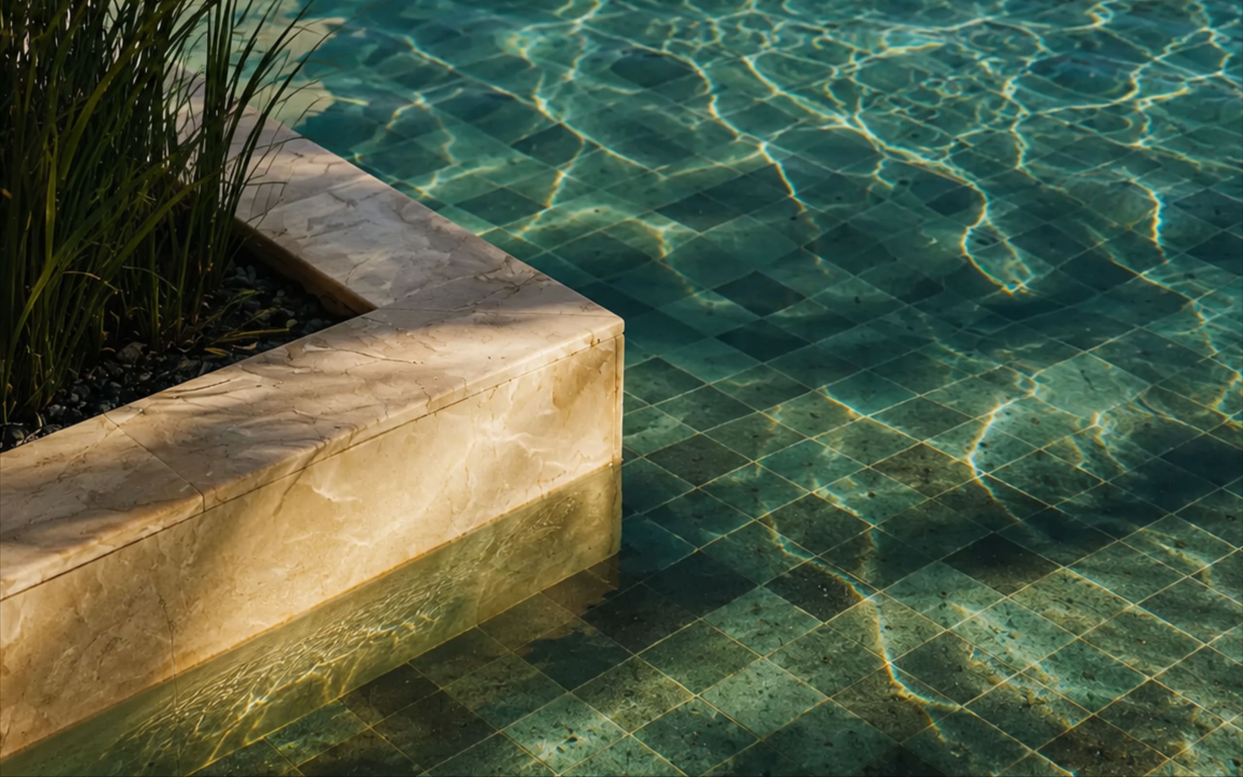 Sunlit swimming pool with clear balanced water and stone coping in South Florida