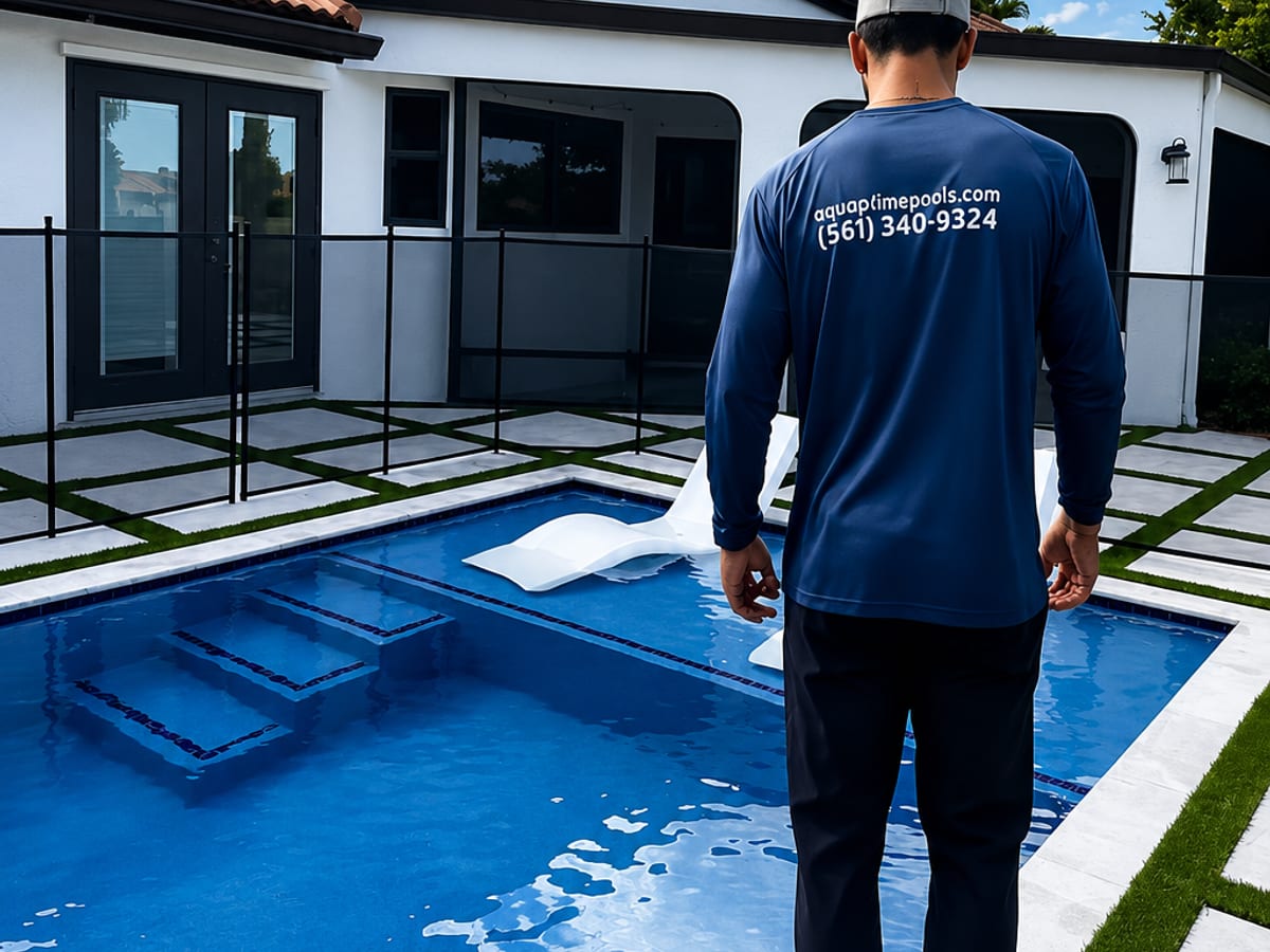AquaPrime technician inspecting a swimming pool for a possible leak