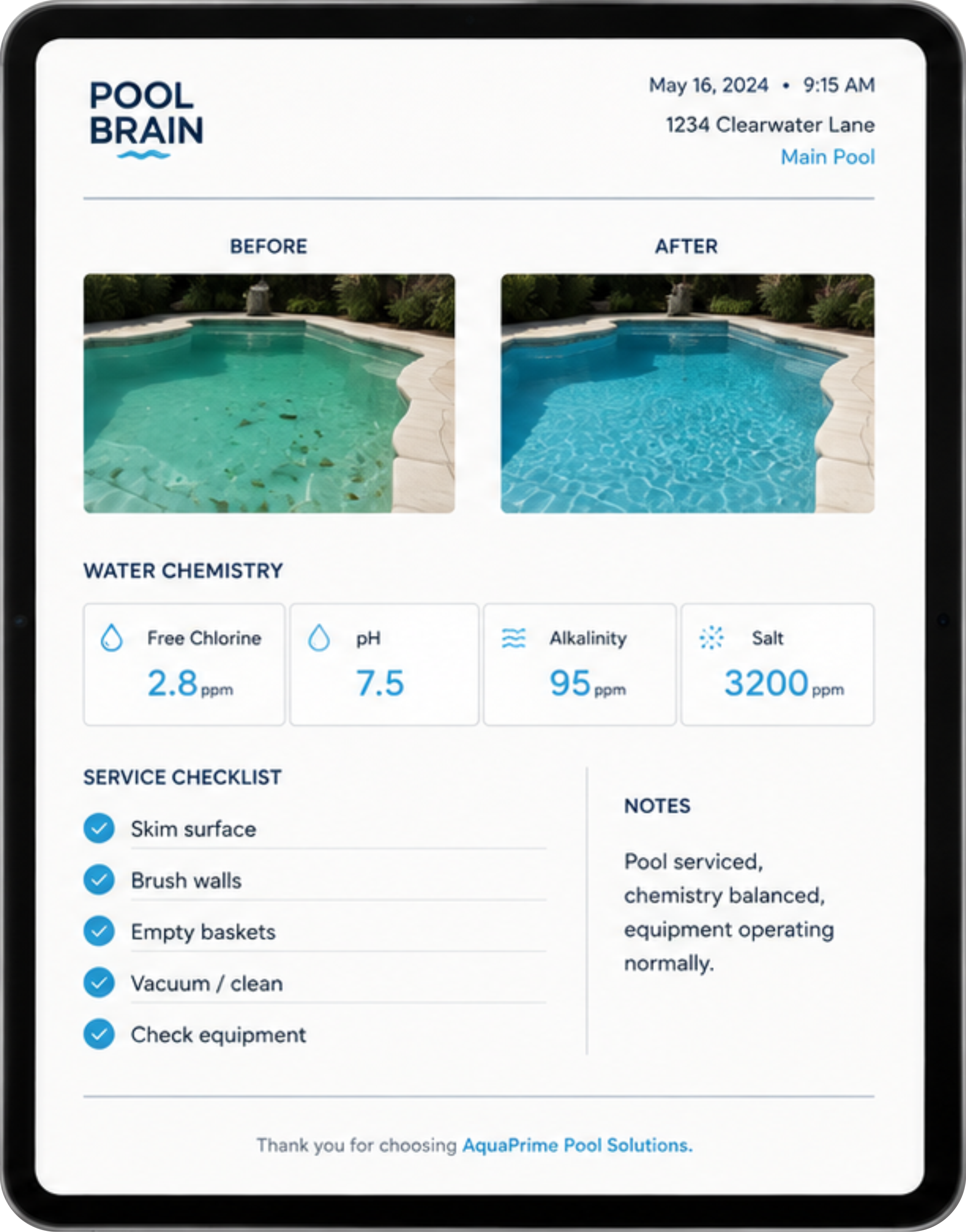 Pool Brain service report on iPad showing before/after photos, water chemistry readings and service checklist