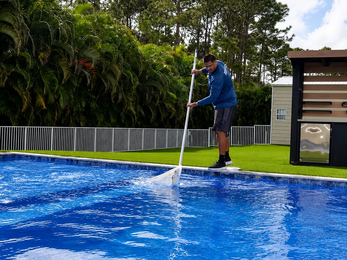 AquaPrime technician cleaning a swimming pool in South Florida