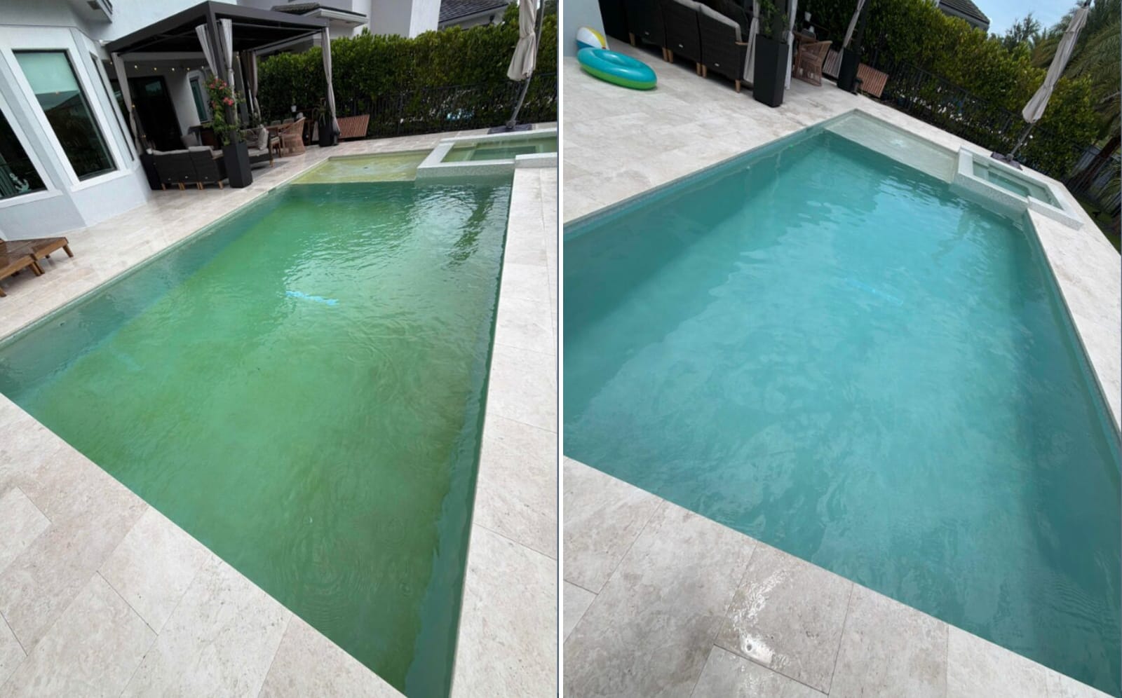 Before and after of a cloudy green rectangular pool with travertine deck restored to clear water by AquaPrime in South Florida