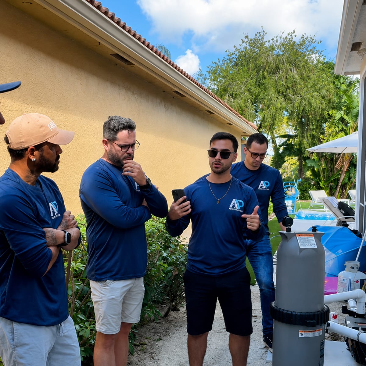 AquaPrime team reviewing pool equipment in South Florida