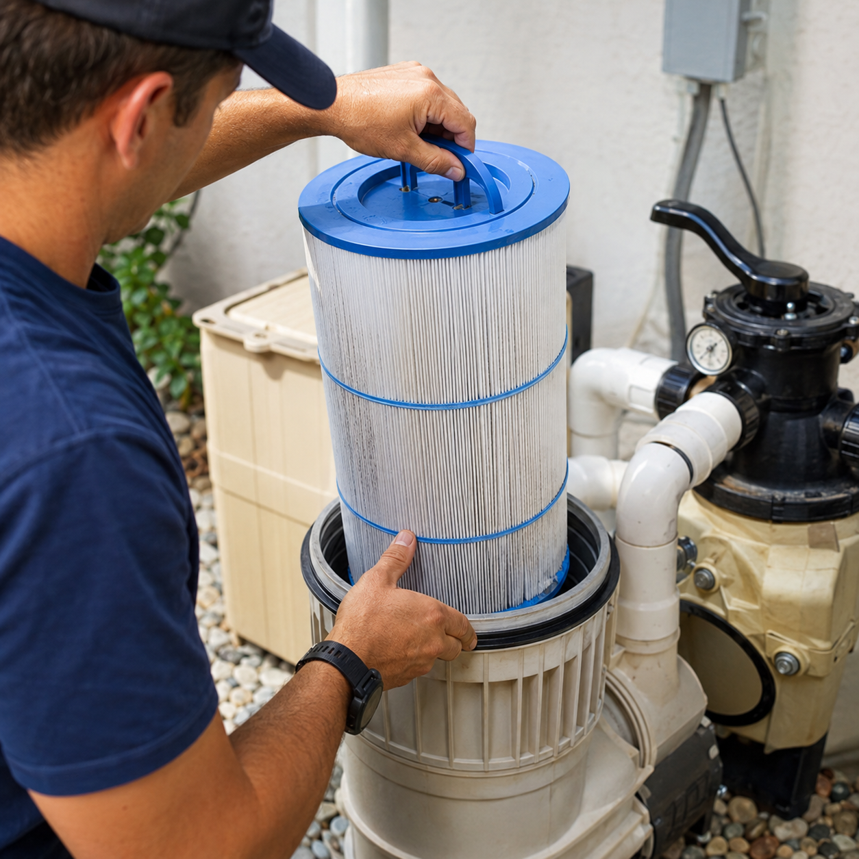 Pool technician checking a cartridge filter